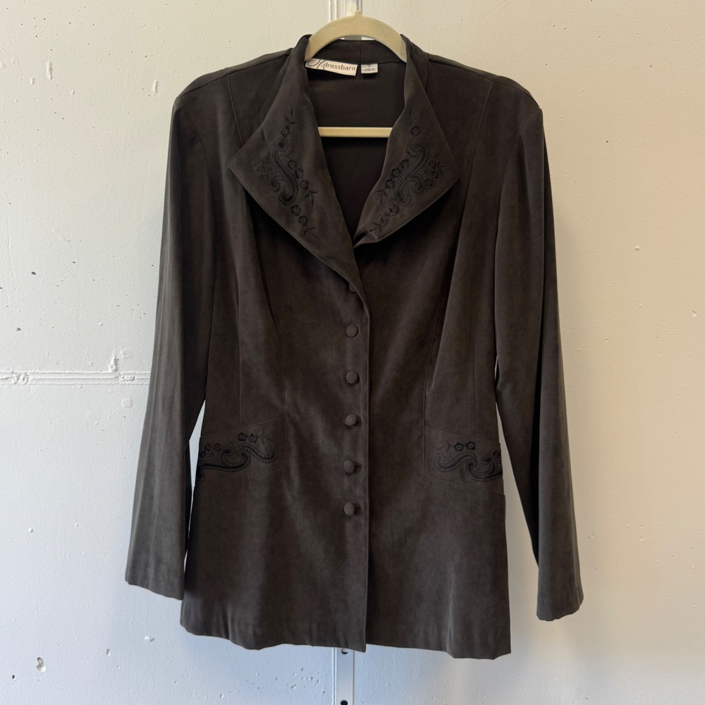 Dressbarn Olive Green Faux Suede Embroidered Blazer Jacket Size 12 Vintage Style